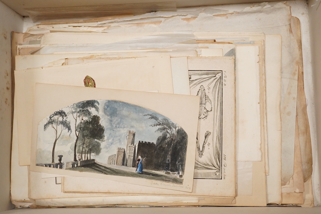 A group of hand coloured engravings, to include a heraldic example, trade advertisement labels and pen and ink and watercolour sketches, 18th/19th century